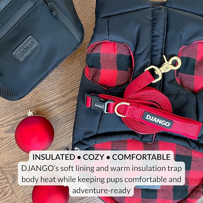 DJANGO Reversible Puffer Dog Coat – Warm Winter Dog Jacket & Water-Repellent Insulated Dog Coat with Harness Hole, Windproof, Adjustable Fit Vest for Small & Medium Dogs, Dachshunds – Black, Medium