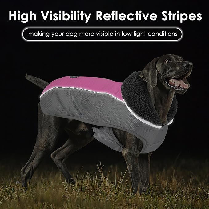 Dog Coat, Waterproof Ripstop Dog Winter Jacket with Leash Hole, Reflective Adjustable Warm Pet Fleece Snow Sweater for Small Medium Large Dogs - Pink, S