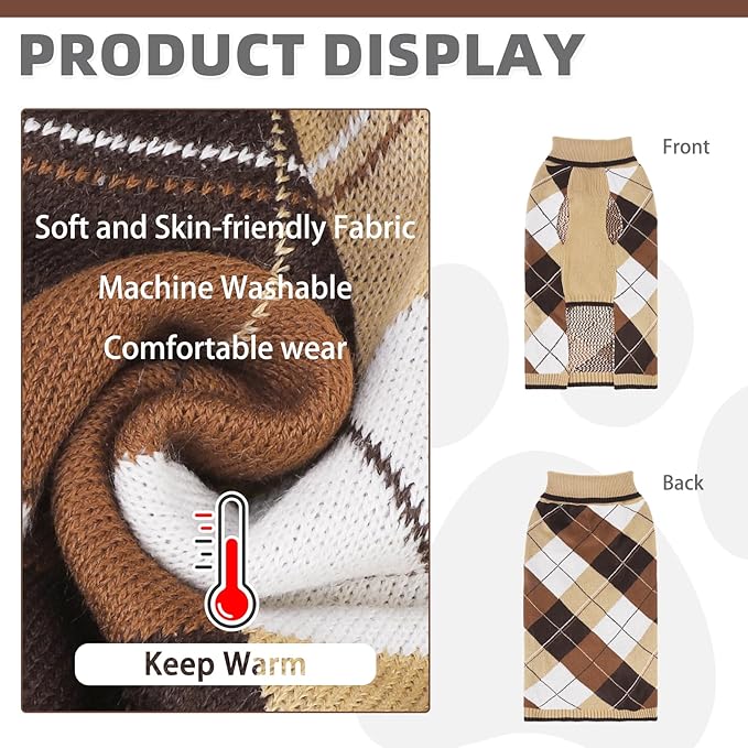 KOOLTAIL Dog Sweater Pet Knitted Clothes - Classic Plaid Pullover Turtleneck Thick Warm Fall Dog Sweaters with Leash Hole, Soft Winter Coats for Small Medium Large Dogs Cats Puppy Girls Boys, M