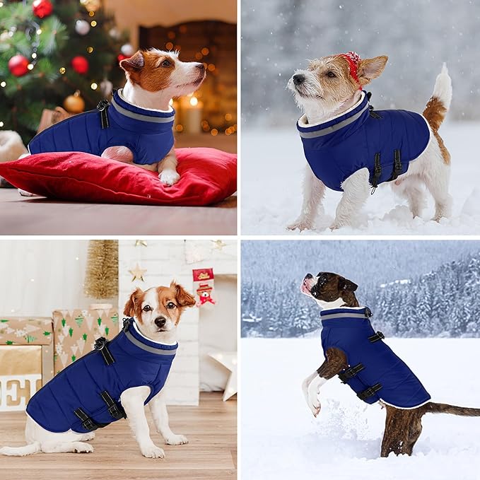 Dogcheer Dog Coat, Waterproof Dog Jacket with Harness, Reflective Adjustable Puppy Winter Coat with Zipper, Christmas Snow Jacket Clothes for Small Medium Large Dogs - Blue L