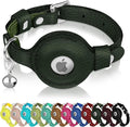 OOPSDOGGY Cat Collar for AirTag Holder, Leather Kitten Collars with Elastic Strap & Bell, Non Breakaway Adjustable Small Pet Collars for Indoor & Outdoor for Boy, Girl (Green)