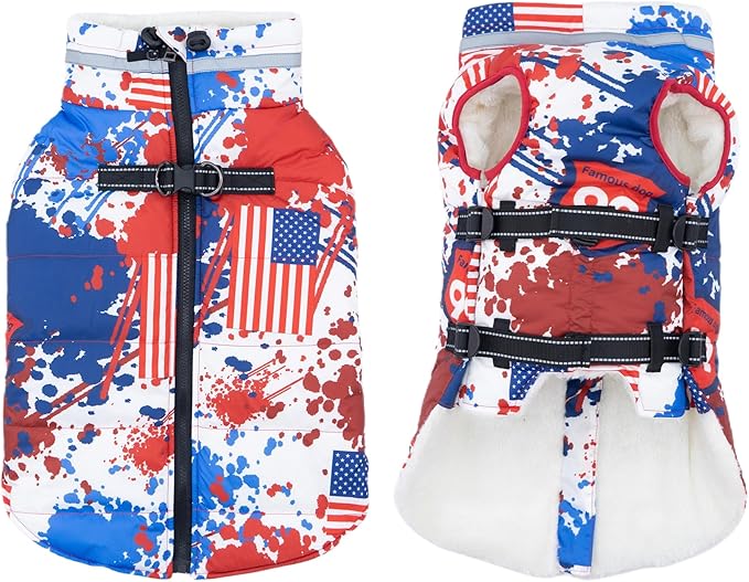 Small Dog Coat with Harness Built-in, Waterproof Reflective Fleece Lined - Warm Windproof Winter Jacket with Back Zipper, Cold Weather Snow Dog Coats - American Flag - XS