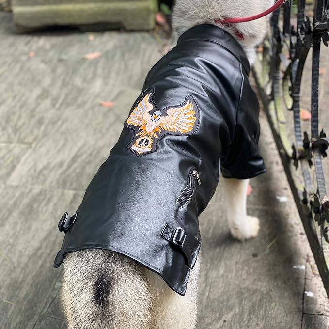 Lovelonglong Cool Dog Leather Jacket, Warm Coats Dogs Windproof Cold Weather Coats for Large Medium Small Dogs with Eagle Embroidery Black L-M
