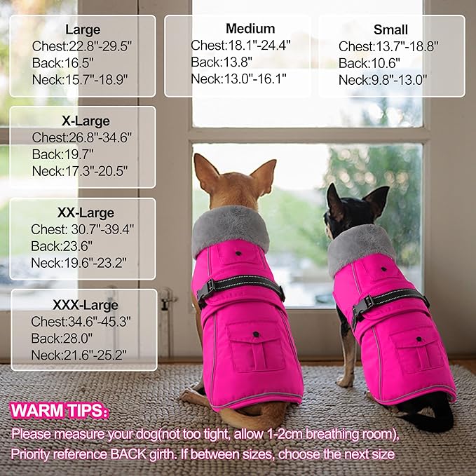 Dogcheer Dog Coat with Pocket, Waterproof Dog Jacket with Adjustable Buckle, Reflective Puppy Winter Coat Warm Turtleneck Fleece SnowJacket for Small Medium Large Dogs - Pink 3XL