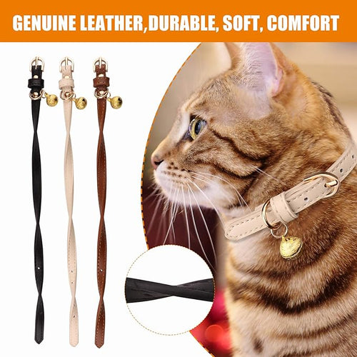 3 Pack Leather Cat Collars with Bells Soft Pet Safety Collar Kitten Collars with Bell Black Chocolate Beige(S)