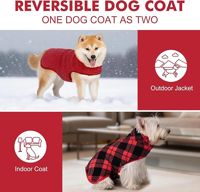 cyeollo Small Dog Coat Sherpa Dog Winter Coat, Reversible Fleece Doggie Jackets Sweater Vest for Small Dogs Male with Leash Hole, Soft Cold Weather Pet Coats, Buffalo Plaid S