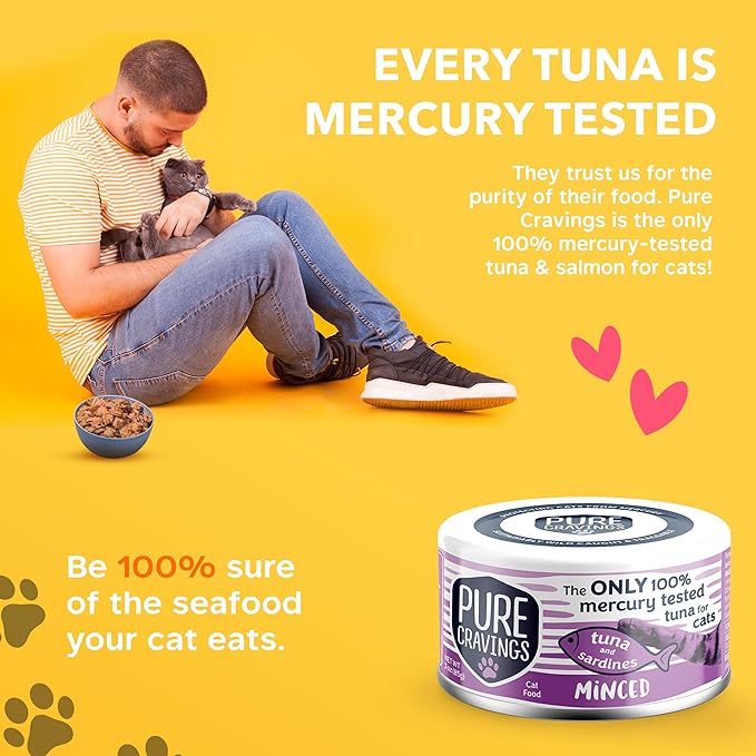 Pure Cravings Minced Tuna and Sardines Wet Canned Cat Food, 100% Mercury-Tested, Moist Can Fish for Cats, Grain-Free, Protein, Non-GMO, 3oz, Pack of 12