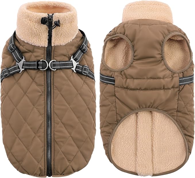 Queenmore Dog Coat, Dog Coats for Small Dogs, Doggy Winter Jacket with Zipper On Back, Waterproof Pet Jacket with Harness Built in, Pet Puffer Coat for Bichon, Schnauzer, Yorkie, Brown S