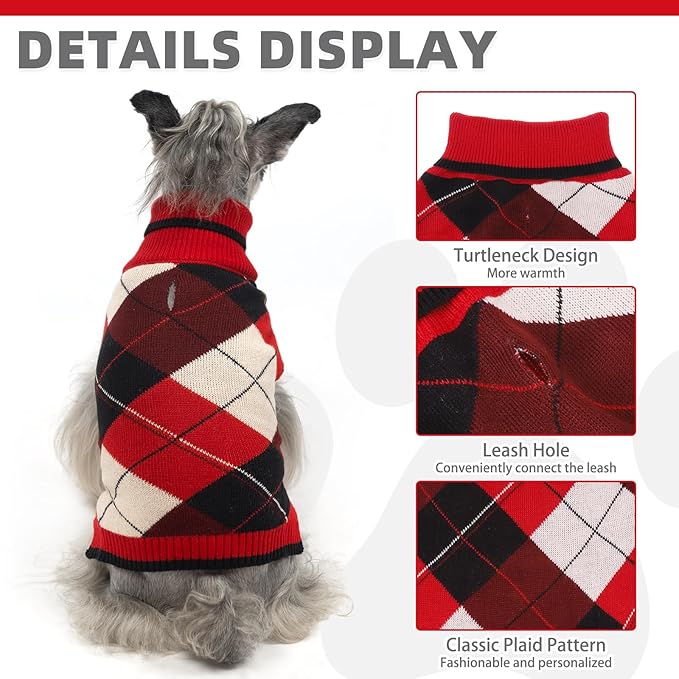 KOOLTAIL Dog Sweater for Small Dogs, Puppy Knitted Clothes - Classic Plaid Pullover Turtleneck Thick Warm Fall Cat Sweaters with Leash Hole, Dog Winter Clothes for Chihuahua Dachshund Girls Boys, XS