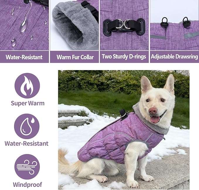 Malier Dog Coat, Reflective Dog Jacket Waterproof Windproof Puppy Cold Weather Coats with Harness Built in, Winter Extra Warm Pet Coat Fleece Vest for Small Large Pets and Puppy (Purple, Medium)