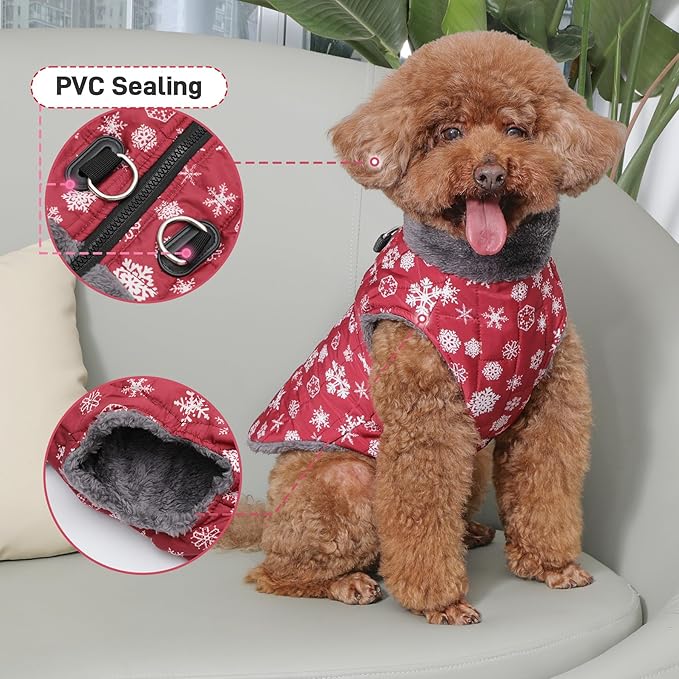 Warm Fleece Dog Coats with Durable Harness Buitl in D-Ring,Waterproof Puppy Jacket for Small Dogs,Dog Vest for Cold Winter,Red,Snow Pattern XS