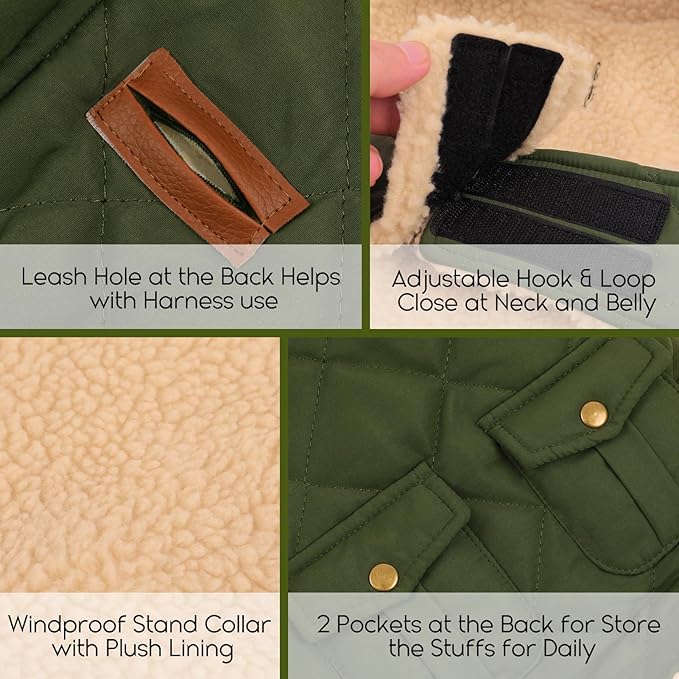 ASENKU Warm Dog Winter Coat, Waterproof Dog Coat for Cold Weather, Fleece Dogs Jacket with Ultra Thick Plush Lining Leash Hole Storage Pockets for Small Dogs (Green, X-Small)