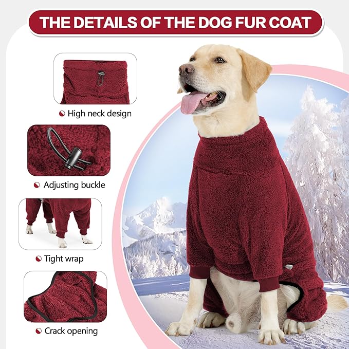 Dog Winter Coat, Warm Fleece Dog Jacket, Windproof Pullover Jumpsuit, Full Body Pet Pajamas Onesie, Cold Weather Clothes for Medium Large Dog(Small,Red)