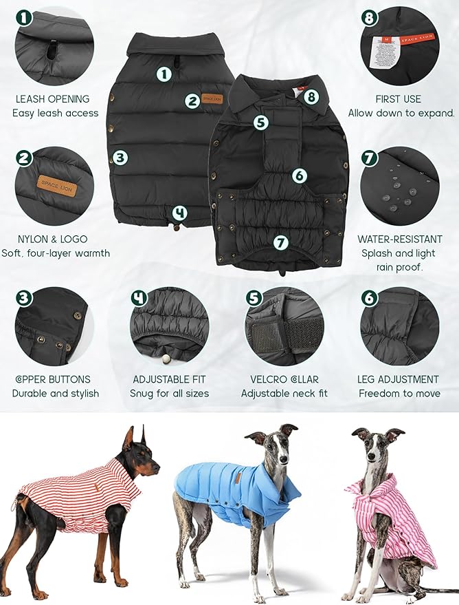SPACE LION Dog Puffer Jacket, Down Winter Coat, Durable Outdoor Coat for Cold and Windy Conditions, Waterproof, Lightweight Jacket, Adjustable Fit for Small, Medium, Large Dogs(Black,12/M)