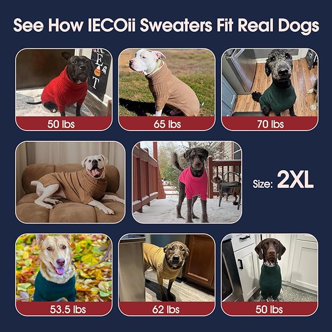 IECOii XXL Dog Sweater,Thermal Knit Big Dog Sweater with Sleeve,Pet Turtleneck Doggy Sweatshirt for Extra Large Dogs Boy Girl,Stretchy Large Dogs Cold Weather Outfit Pitbull Clothes,(White,XXL)