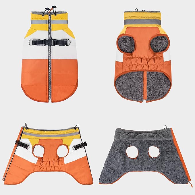 azuza Dog Jacket for Medium Dogs Waterproof Dog Coat with Reflective Strips and Harness Built in Warm Fleece Dogs Winter Coat Windproof with Back Zipper, Orange 2XL