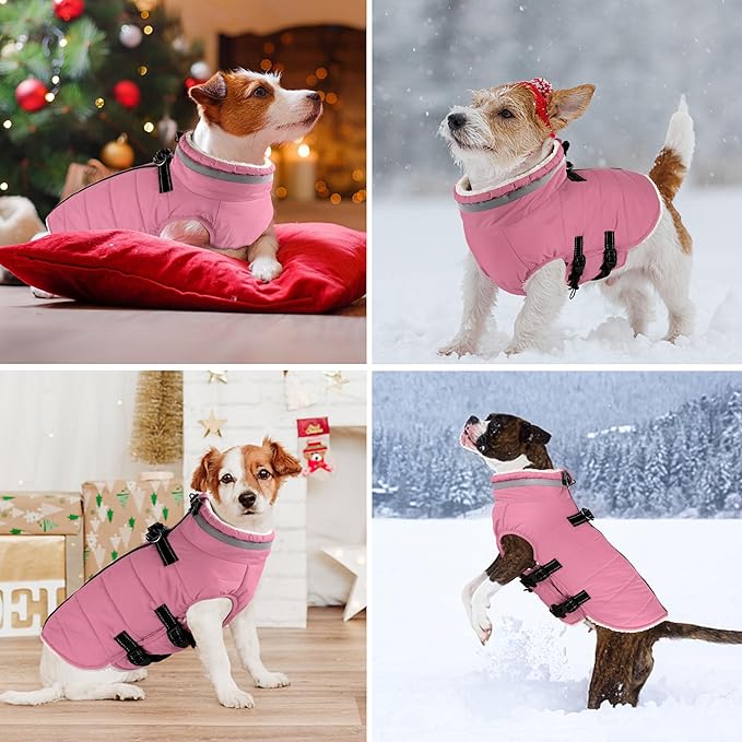 Dogcheer Dog Coat with Harness, Waterproof Dog Jacket Adjustable Winter Coat with Zipper, Christmas Puppy Snow Jacket Fleece Sweater for Small Medium Large Dogs - Light Pink 3XL