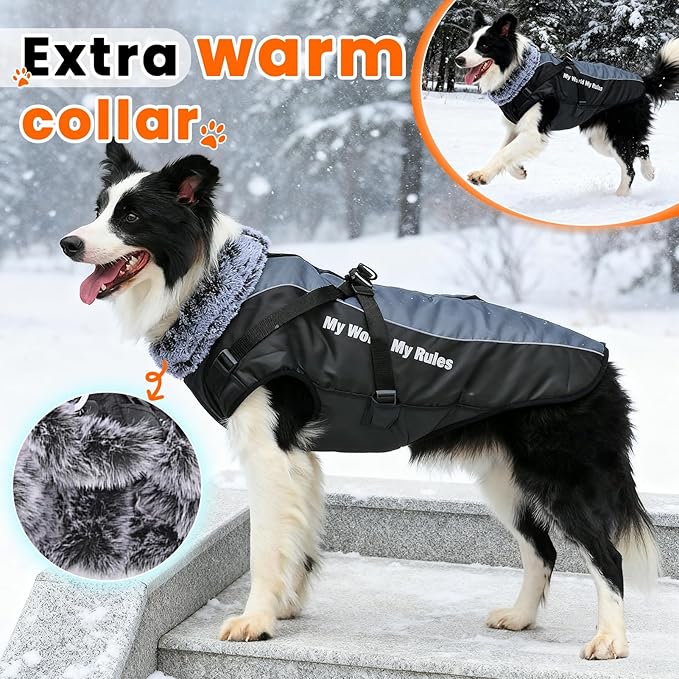 Dog Coat for Medium Large Dogs,Waterproof Reflective Dog Winter Jacket with Harness, Fleece Snowsuit,Warm Pet Winter Coat(Grey-XL)