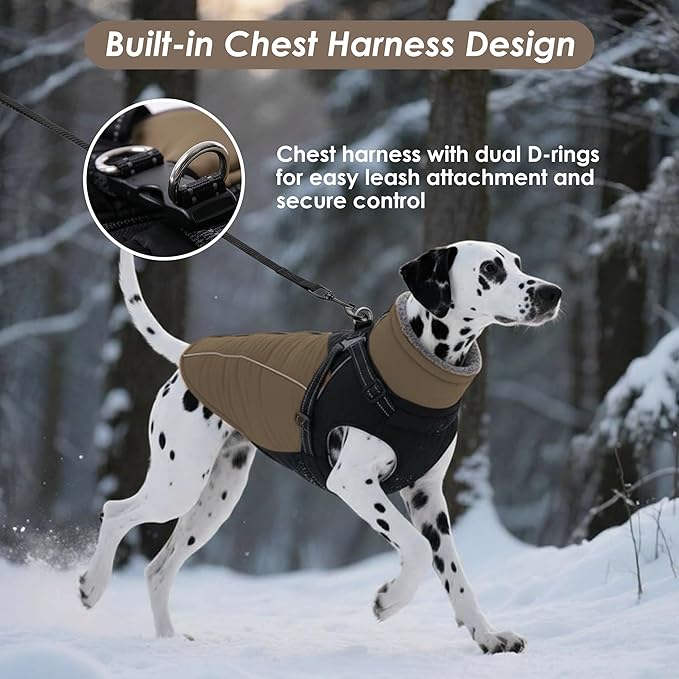 ASENKU Reflective Dog Coat with Built-in Harness, Windproof Fleece-Lined Dog Jacket for Small, Medium, Large Dogs, Warm Winter Vest with Turtleneck & Zipper (Khaki L)