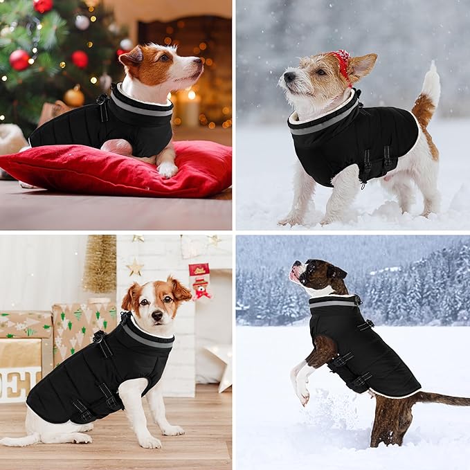 Dogcheer Dog Coat, Waterproof Dog Jacket with Harness, Reflective Adjustable Winter Coat with Zipper, Christmas Pet Snow Jacket Clothes for Small Medium Large Dogs - Black S