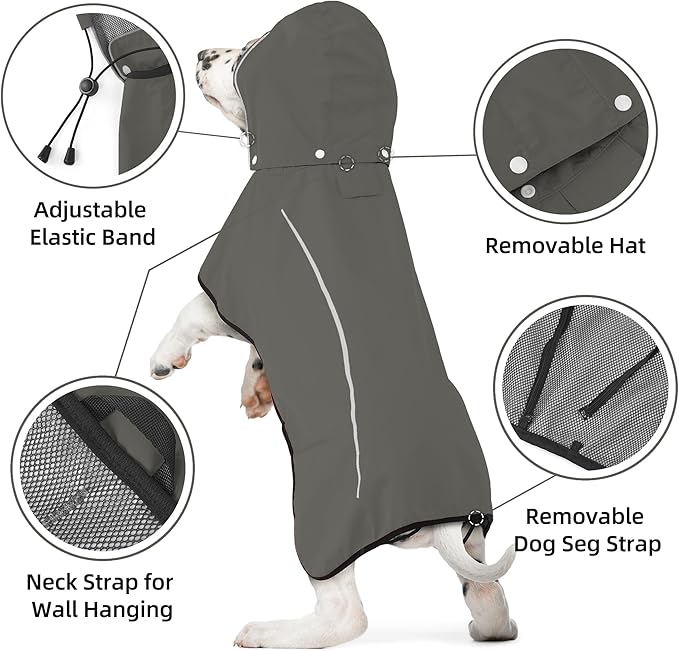Mile High Life Dog Raincoat, Adjustable Waterproof Pet Rain Jacket, Reflective Hooded Poncho for Small Medium Large Dogs, Lightweight Breathable Pet Rain Coat (Dark Gray,L Chest 26"-33")