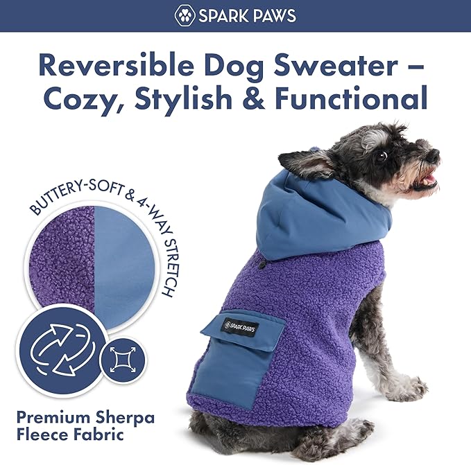 Spark Paws Reversible Dog Sweater, Sherpa Vest with Warm Fleece Lining, Warm Coat for Winter, Suitable for Small Medium, Large, XL XXL Dogs - Purple and Navy Blue - XL