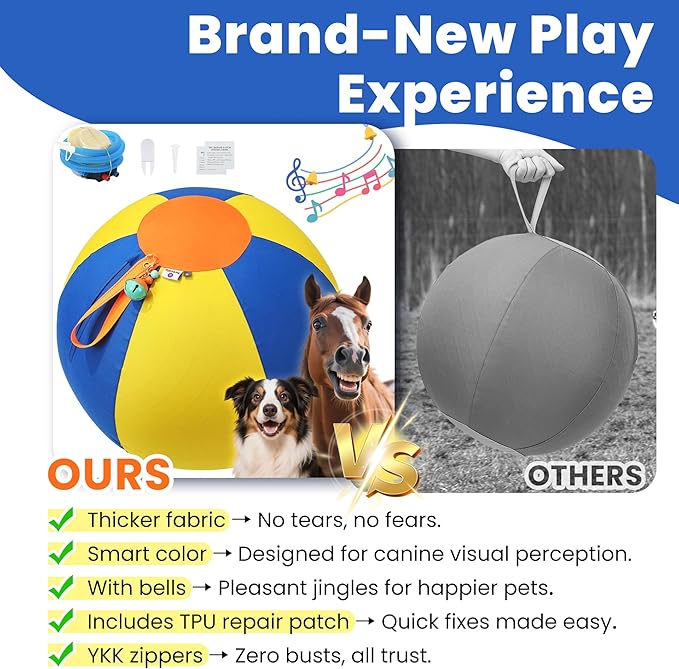 22‘’ Jingle Herding Ball for Dogs & Puppies with Bell, Dog Play Toy, Audible Herding Ball for Cattle Dog, Australian Shepherd, Thickened Oxford Cover, Pump, Patch Repair Kit (22inch)
