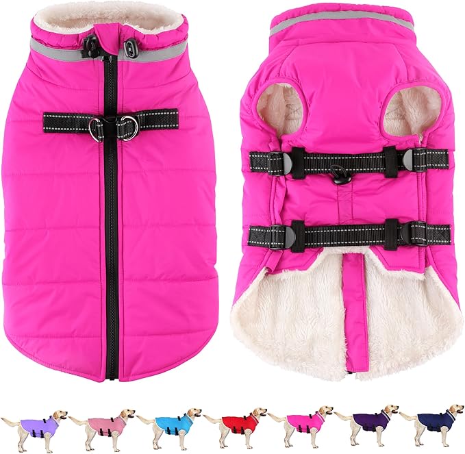Dogcheer Dog Coat, Waterproof Dog Jacket with Harness, Reflective Adjustable Puppy Winter Coat with Zipper, Christmas Pet Snow Jacket Clothes for Small Medium Large Dogs - Pink L