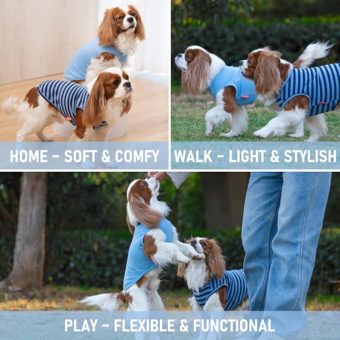 KYEESE 2Pack Dog Shirts Striped T Shirt Soft Tee for Small Dogs Cotton Tank Top Lightweight Sleeveless Vest Dog Clothes, Small,Dark Blue+Striped