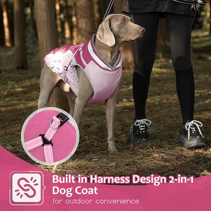 Dog Winter Coat with Harness, Dog Jacket, Pet Clothes with Zipper on Back, Waterproof Windproof Warm Vest, Reflective Cold Weather Coats, for Small Medium Large Dogs, Thick, Pink,XS