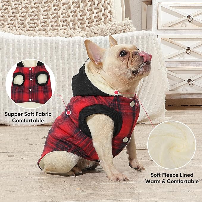 Fleece Lining Dog Hoodie for Large Dogs Extra Warm Plaid Sweater with Drawstring Hooded Coats in Winter Doggie Jacket,Red XXXL