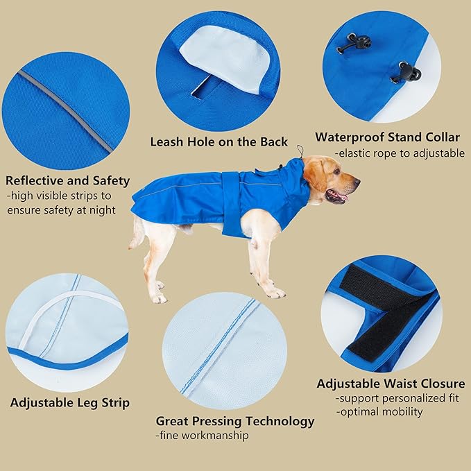 Adjustable Waterproof Dog Raincoat for Dogs,Lightweight Pet Rain Jacket Puppy Clothes with Reflective Strip for Small Medium Large Dogs (Blue, XXX-Large)
