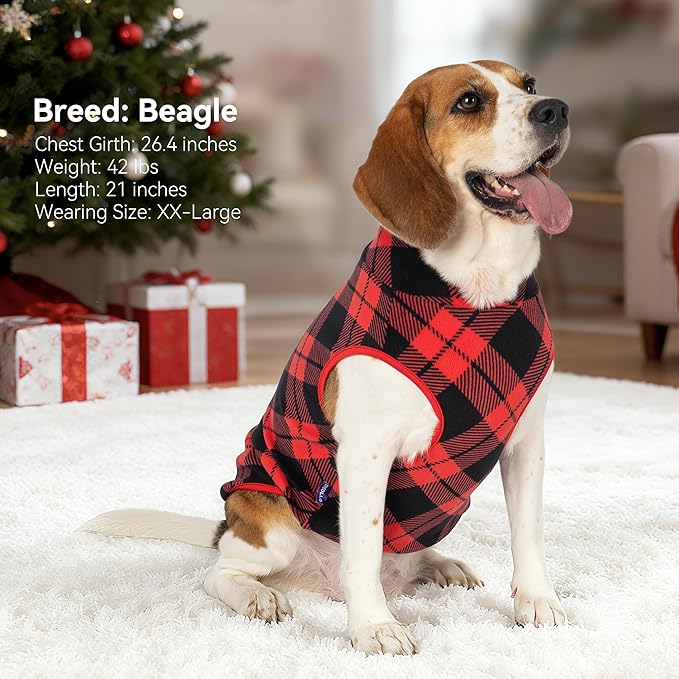 cyeollo 2 Pack Small Fleece Dog Sweater, Stretchy Pullover Soft Dog Jacket with Reflective Stripe Female & Male Sweatshirt Pet Clothes Coats for Small Dogs Boy & Girl, Red & Buffalo Plaid L