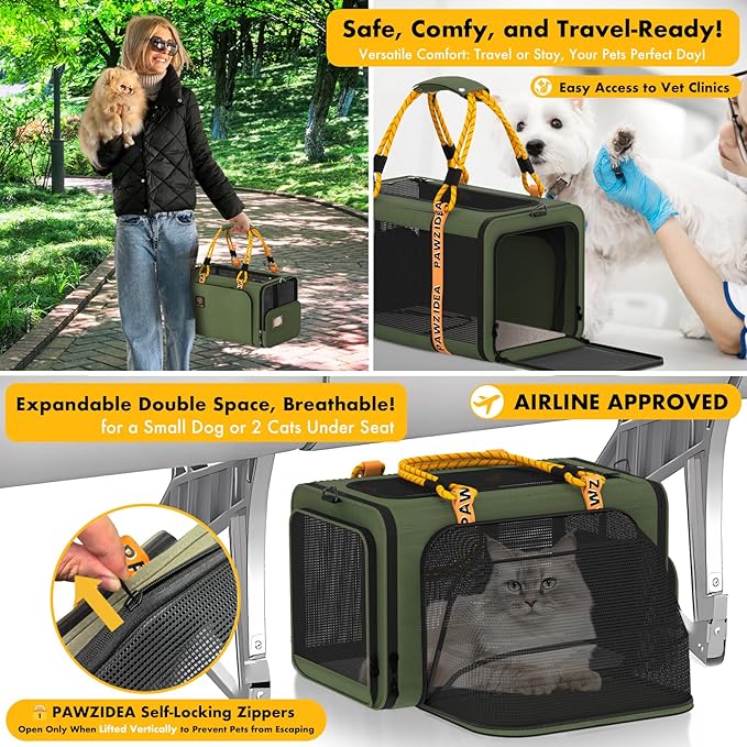 PAWZIDEA Expandable Pet Carrier Airline Approved, 18"×11"×11" Small Dog Carriers, Collapsible Top-Load Cat Carrier for 2 Cats Under Seat, Soft-Sided Puppy & Animal Travel Bag, ID Card, Up to 15lbs