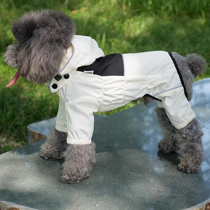 LOVELONGLONG Waterproof Dog Raincoat with Removable Hood – Outdoor Full Body Dog Jacket, Windproof Snowproof Shell Suit – All Season Pet Rain Gear Ivory 3XL