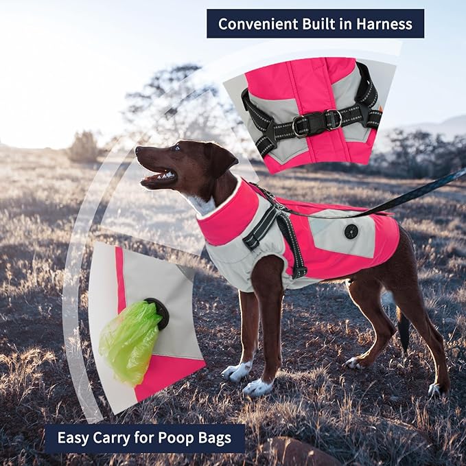 IECOii Dog Winter Jacket for Small Dogs, Waterproof Dog Coat with Harness Built in, Windproof Reflective Zip Up Fleece Jacket for Dogs, Puppy Thermal Warm Snowsuit for Cold Weather, Rosered, S