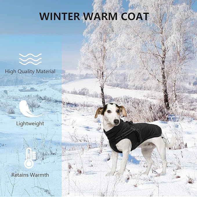 Geyecete Winter Warm Coat Waterproof Dog Jacket with Harness Traction Belt, Pet Outdoor Jacket - Black, XXL