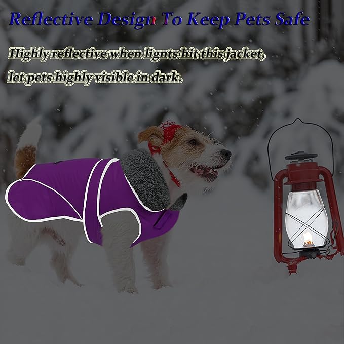 Dogcheer Dog Coat, Waterproof Dog Jacket Reflective Pet Winter Coat with Adjustable Hook & Loop, Christmas Puppy Fleece Jacket Warm Turtleneck Snowsuit for Small Medium Large Dogs - Purple, L