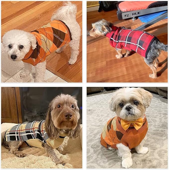KOOLTAIL Fall Dog Sweater Pet Knitted Clothes - Classic Plaid Pullover Turtleneck Thanksgiving Dog Sweaters with Leash Hole, Thick Cold Weather Pet Outfits for Small Medium Large Dogs Cats Puppy L