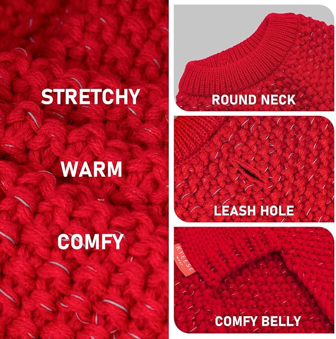 KYEESE Dog Christmas Sweater with Leash Hole Warm Pullover with Reflective Yarn for Small and Medium Dogs Male Soft Knit Pullover Boy Dog Coats Cozy Lightweight Thick Sweater,Red,Large