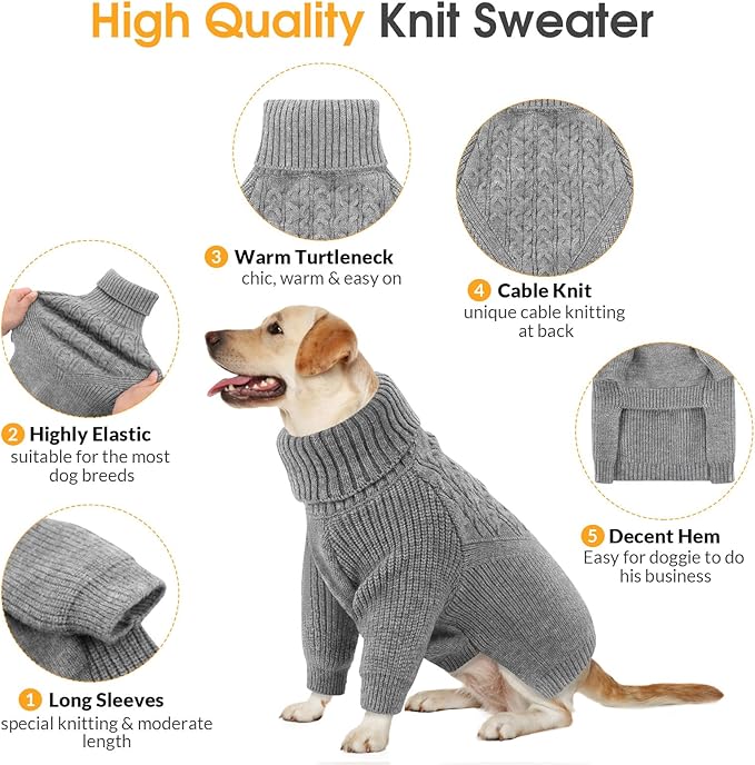 Queenmore Dog Sweaters for Large Dogs, Warm Turtleneck Pullover for Male/Female Pets, Soft Knitwear Sweater for Labradors/German Shepherds, Cold Weather Coat for Large Canine - Grey, Size L