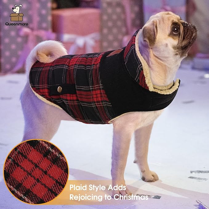 Queenmore Dog Winter Coat Warm Dog Jacket for Cold Weather, Quilting Puffer Plaid Coats for Small/Medium Dogs Waterproof,Girl/Boy Pet Christmas Coat,Pet Snowsuit with Leash Hole/Fleece Padding, L