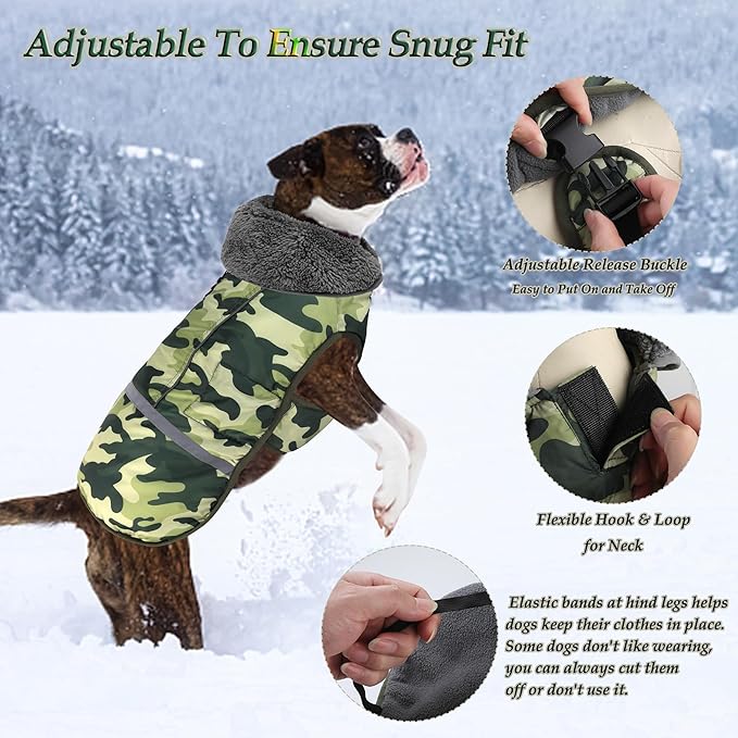 Dogcheer Warm Dog Coat, Waterproof Dog Jacket Reflective Adjustable Puppy Winter Coat with Buckle, Christmas Pet Snow Jacket Turtleneck Fleece Sweater for Small Medium Large Dogs- Camo Green, M