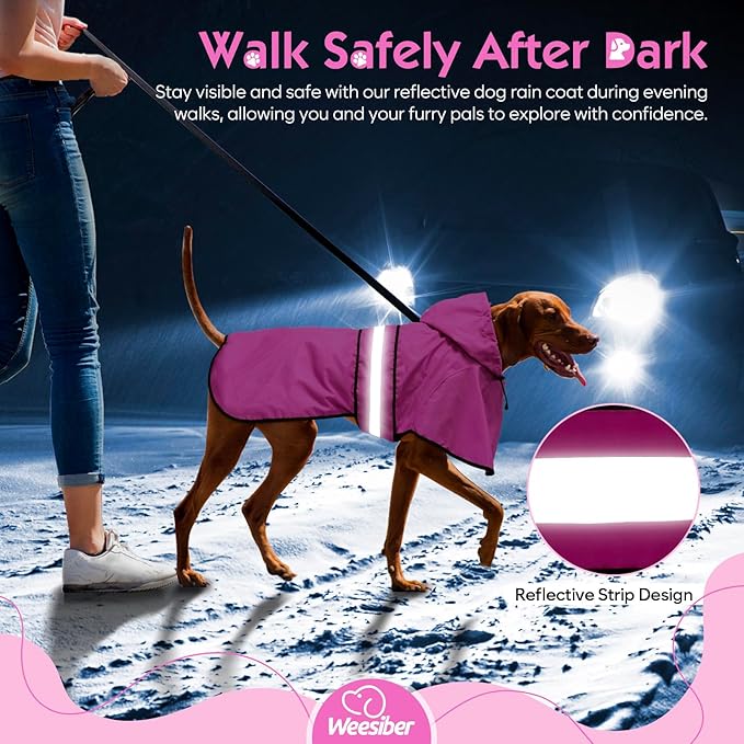 Weesiber Dog Raincoat, Waterproof Dog Rain Jacket with Leash Hole, Lightweight Reflective Pet Rain Coat for Walking (XL, Pink)