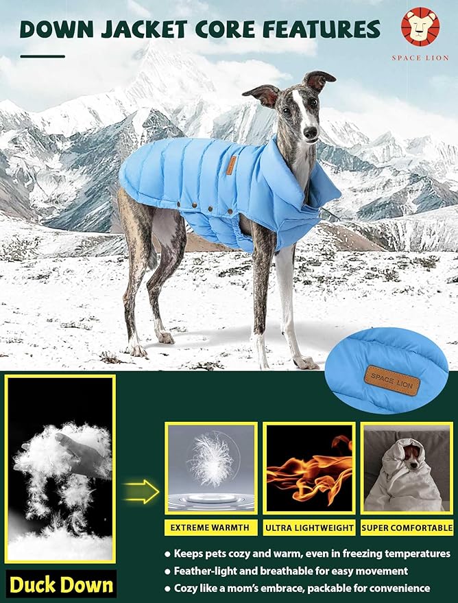 SPACE LION Dog Puffer Jacket, Down Winter Coat, Durable Outdoor Coat for Cold and Windy Conditions, Waterproof, Lightweight Jacket, Adjustable Fit for Small, Medium, Large Dogs(Alaskan Blue,20/XL)