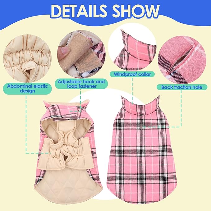 MIGOHI Reversible Dog Coat, Windproof & Waterproof Jacket for Cold Weather, British Style Plaid, Warm Vest with Harness Hole, Pink, 2XL