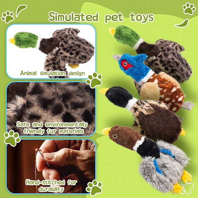 Extra-Plush Duck Dog Toy with 2 Squeakers & Crinkle – No Stuffing Gentle Chewer Squeaker for Calming Play, Hypoallergenic Soft Toy for Puppies to Senior Dogs (Long Pile, Brown & Grey)