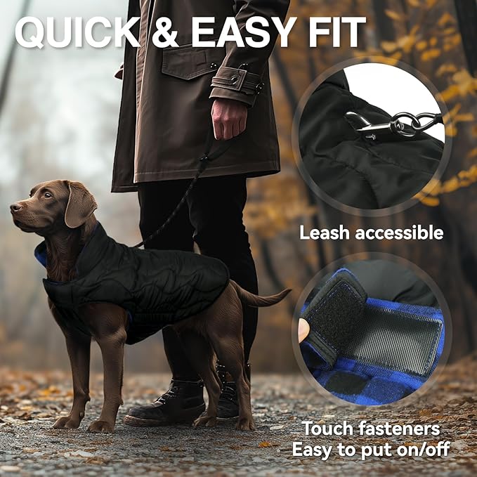 VIVAGLORY Softjoy Dog Coat, Dog Jacket for Winter & Christmas, Coat with Harness Hole & Velcro Closure, Reversible Plaid Checkered Warm Fluffy Heavy Duty for Puppy, S, Sapphire Blue Plaid