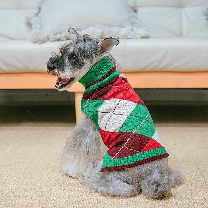 KOOLTAIL Dog Christmas Sweater Pet Knitted Clothes - Classic Plaid Pull Over Turtleneck Dog Sweaters with Leash Hole Warm Dogs Winter Clothing for Small Medium Dogs Cats Puppy (Green & Red SM)