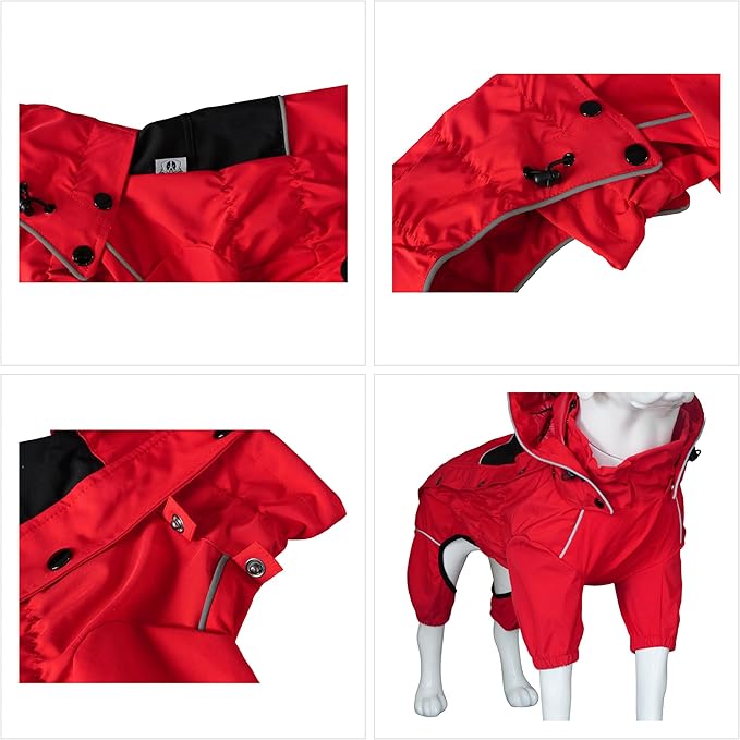 LOVELONGLONG Waterproof Dog Raincoat with Removable Hood – Outdoor Full Body Dog Jacket, Windproof Snowproof Shell Suit – All Season Pet Rain Gear Red 4XL